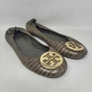 Tory Burch Reva Shoes 10M Animal Print Embossed Leather Ballet Flats Logo